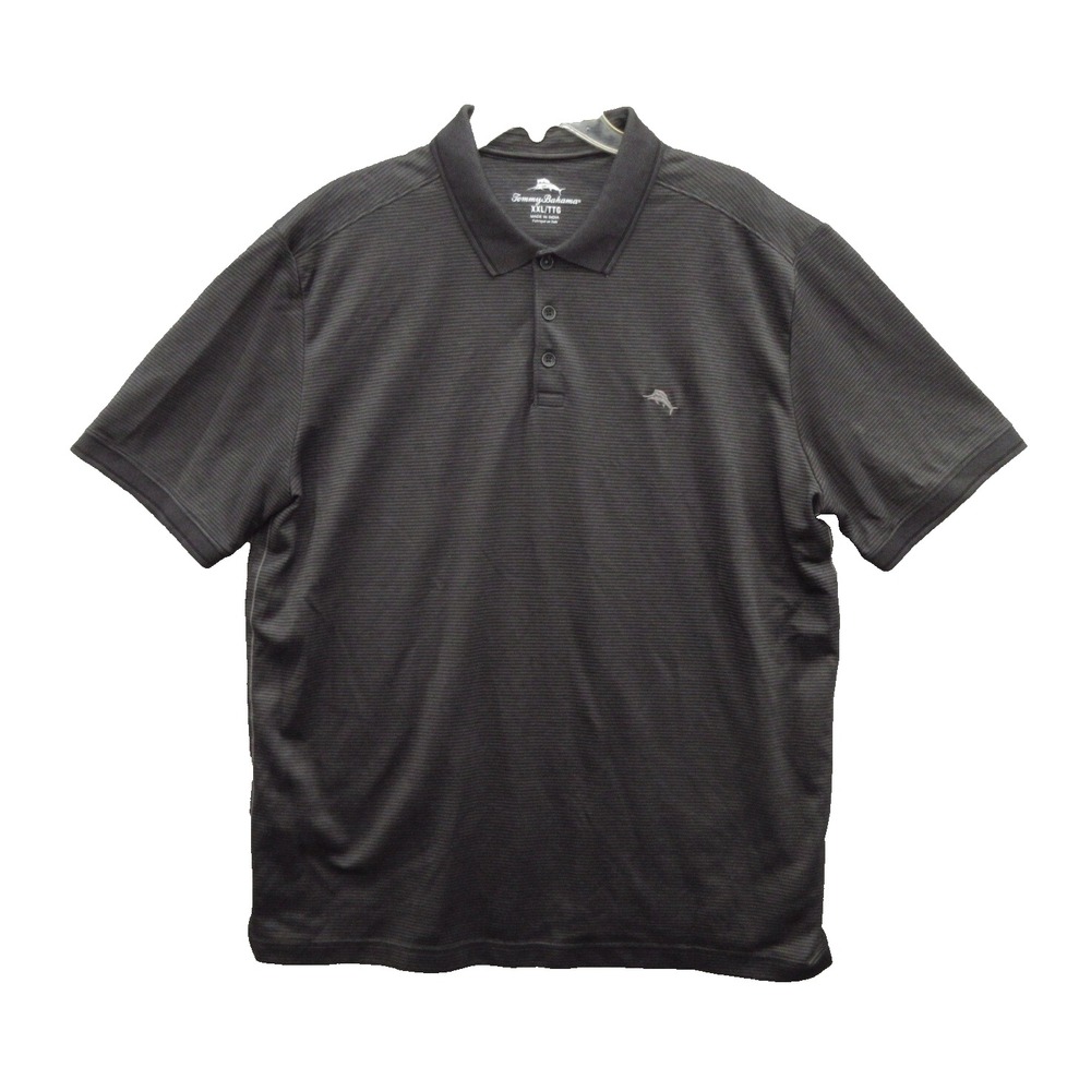 Tommy Bahama Mens Polo Shirt Size 2XL Black Striped Cotton Short Sleeve
